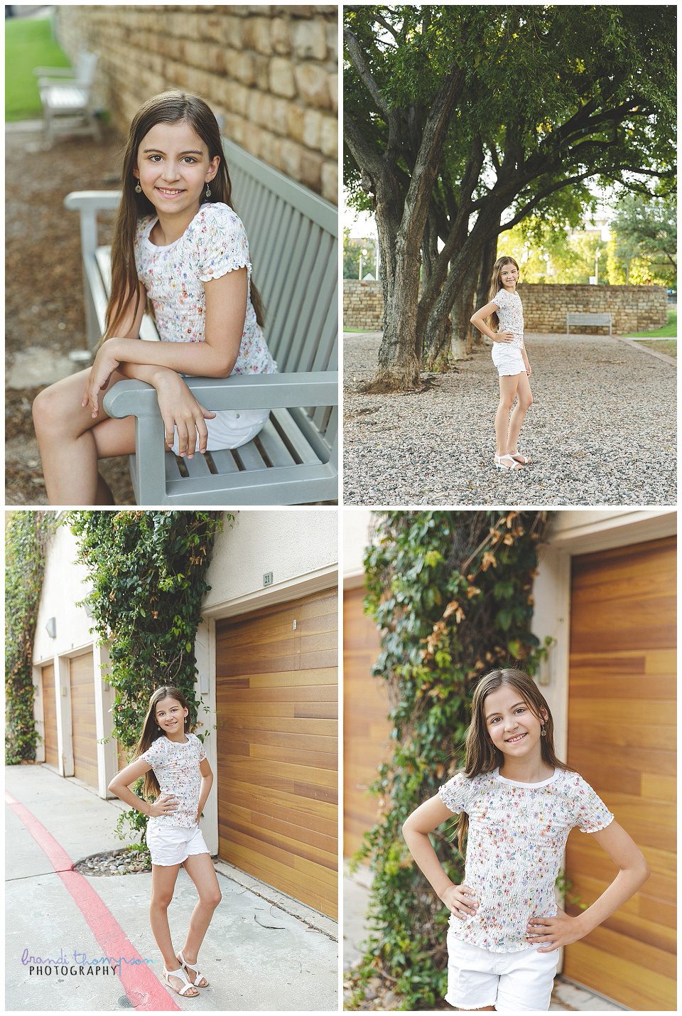collage of photos of a tween girl with light skin, long brown hair, wearing a white floral shirt and white denim shorts
