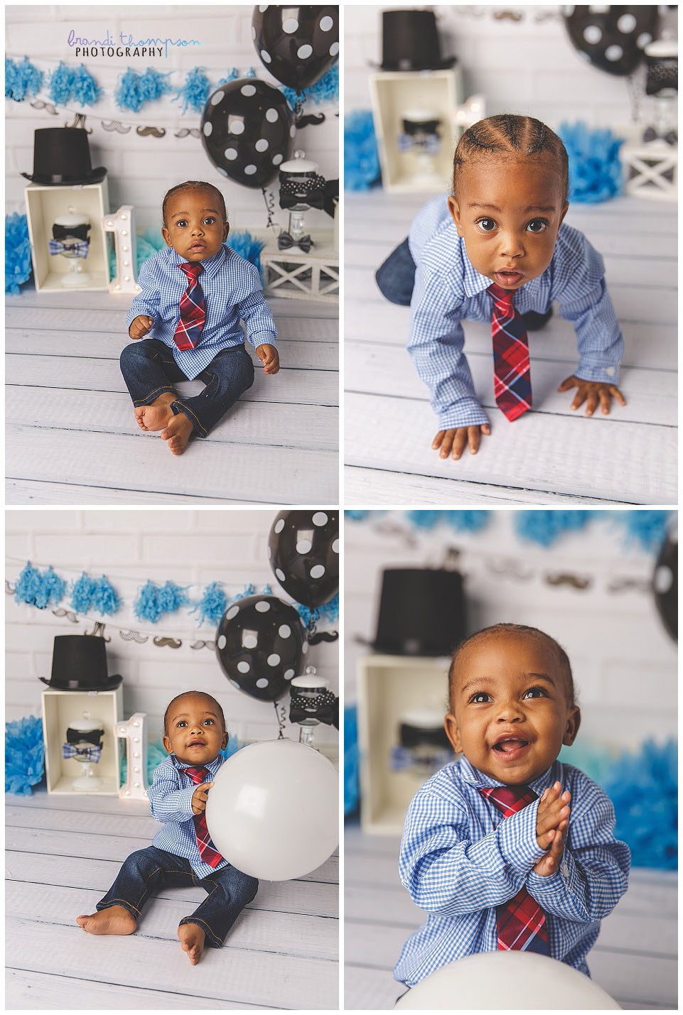one year old Black boy in blue shirt, red and blue tie and jeans in a white, black and blue gentleman themed set