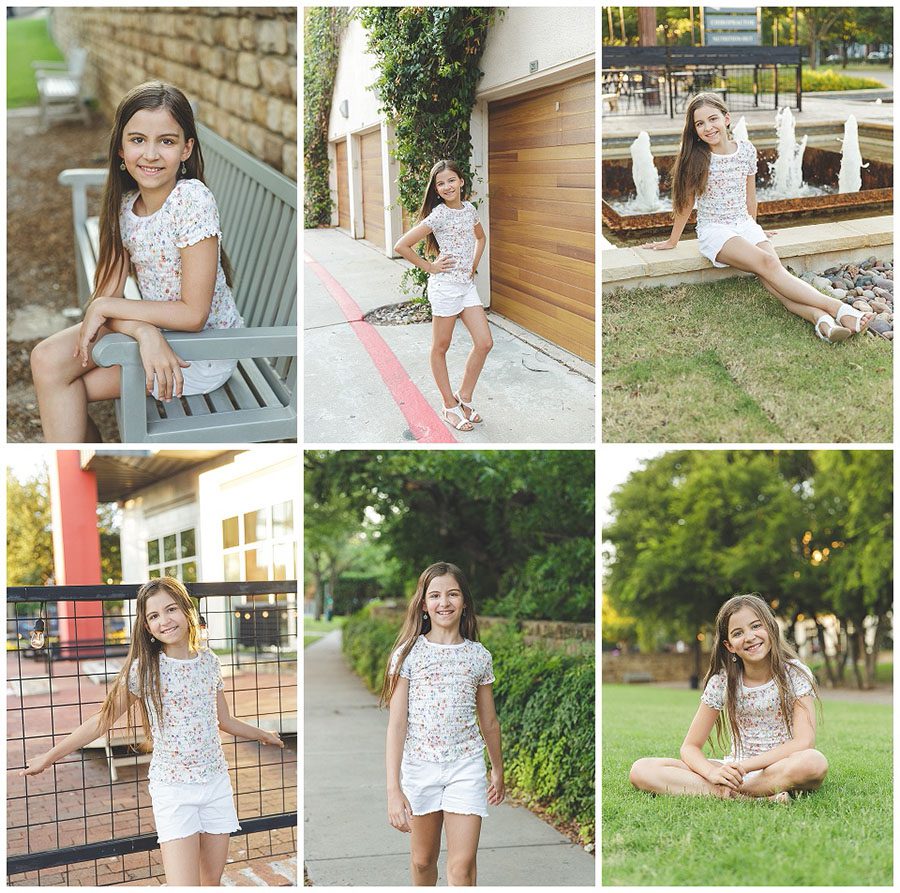 collage of outdoor photos with light skinned tween girl, long brown hair, white shirt and shorts, with backdrops including grass, trees, foundations and garage doors