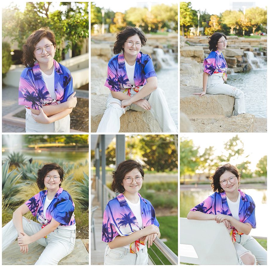 collage of outdoor photos with tween girl with light skin and short dark hair, colorful hawaiian shirt and light jeans, grass and water features