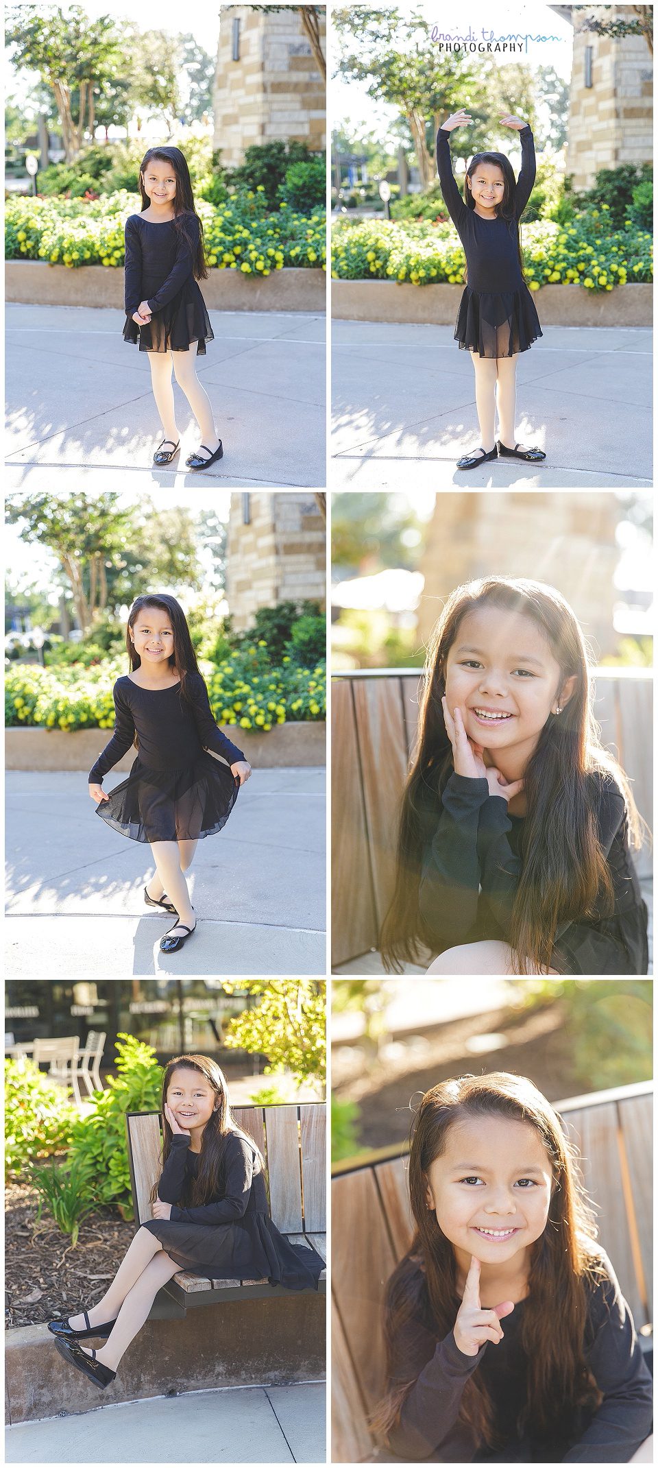 collage of photos of an Asian six year old girl with long hair in a black ballet outfit