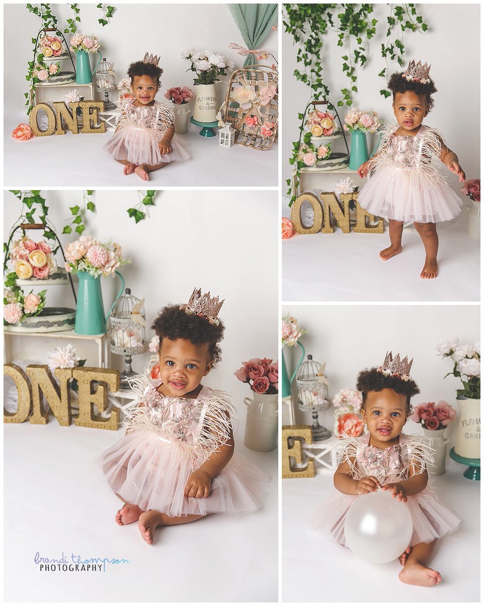 collage of photos of a Black one year old baby girl on a white set with gold, white and pastel elements, and flowers
