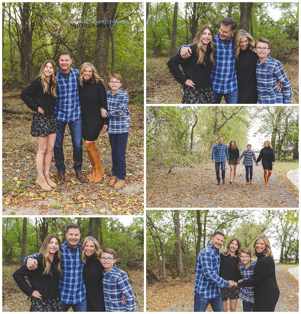 Collage of outdoor family photos with a white family including dad, mom, and young teen daughter and son. They are wearing shades of black and blue. 