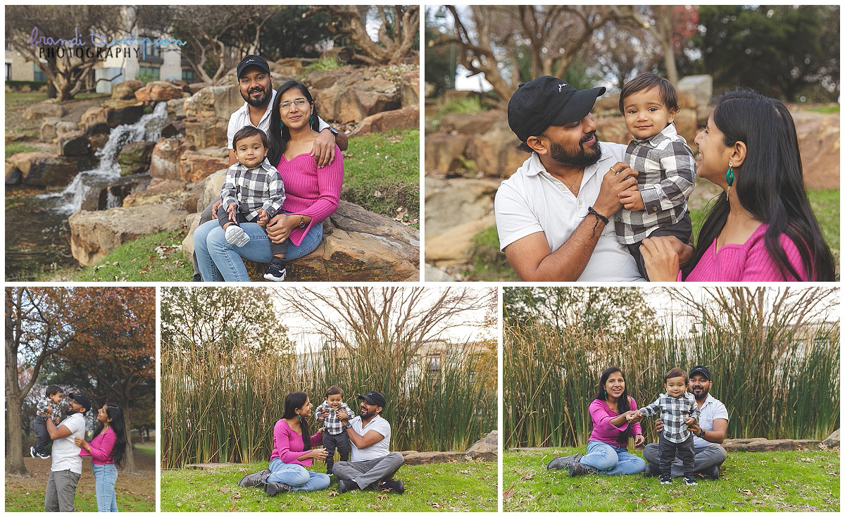 outdoor collage of photos with dad, mom and baby boy in manicured park setting in frisco