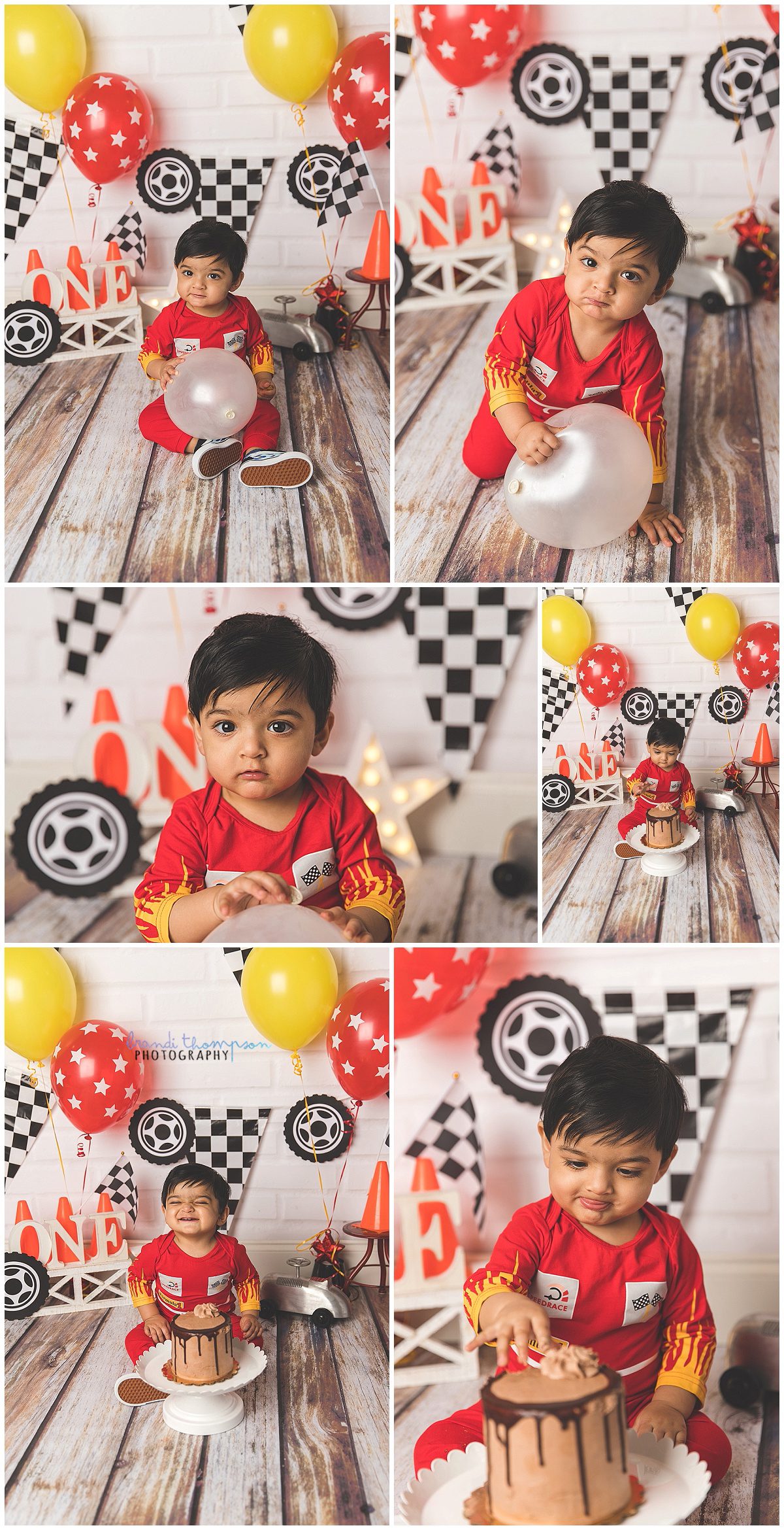 collage of race themed photos wiht one year old boy in red race car driver outfit, and black, white, red and yellow background