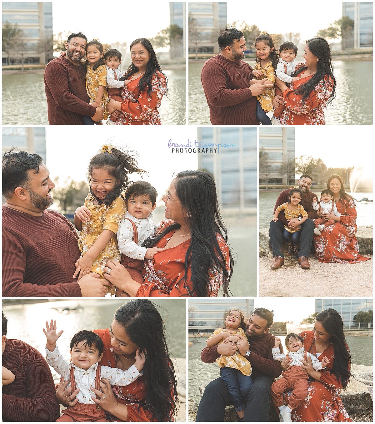 collage of outdoor family photos of South Asian family with preschool daughter and one year old son, wearing shades of mustard, rust, orange and denim