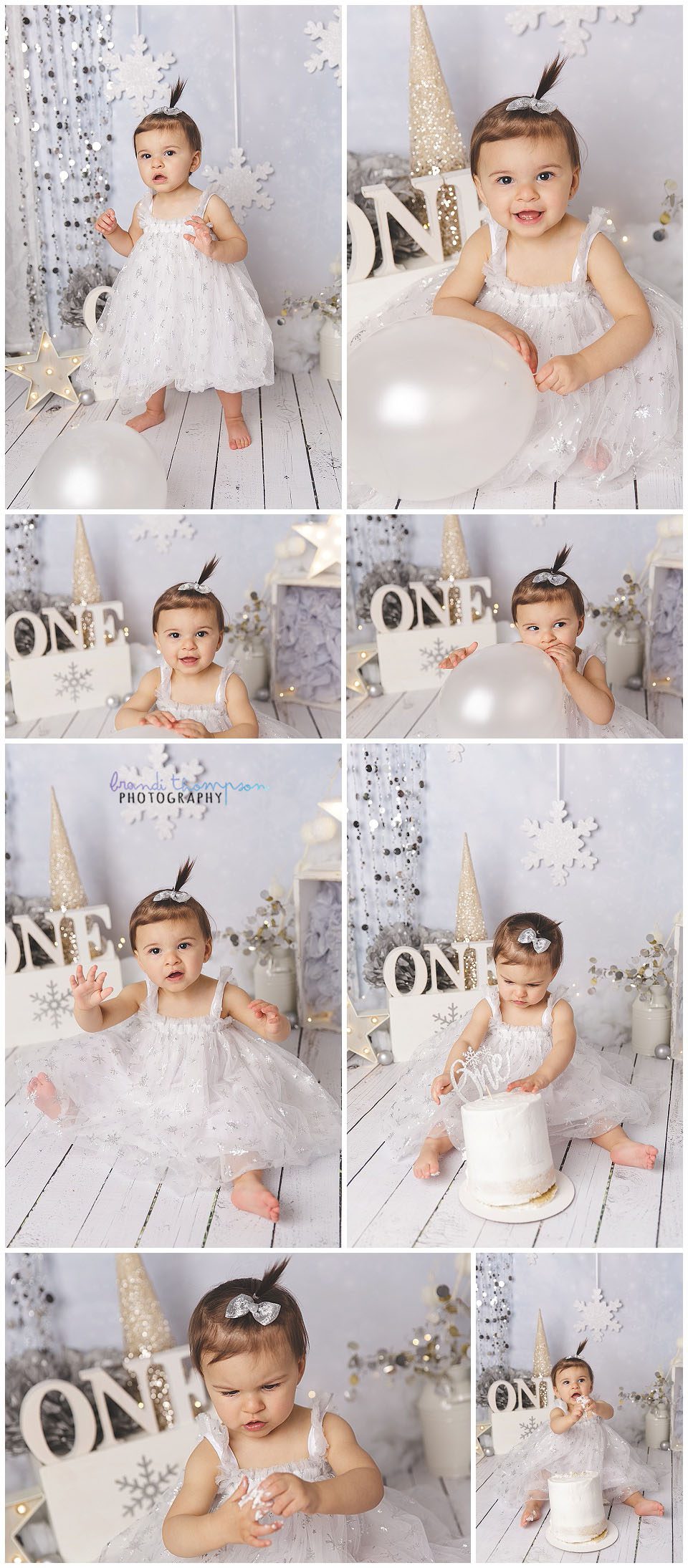 collage of studio photos of a white and silver winter themed first birthday with baby girl in white dress