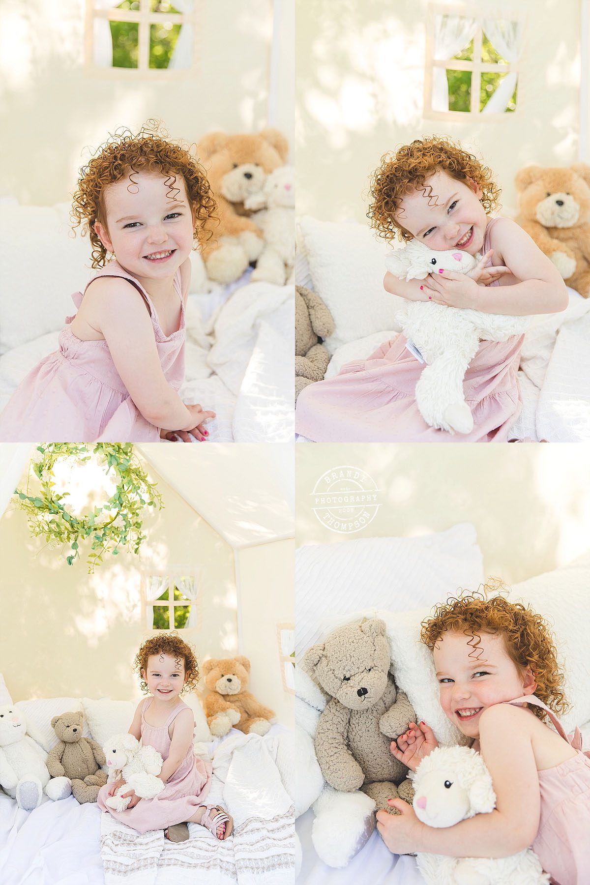photo collage of preschool girl with light skin and curly red hair, in a cream colored tent with florals and stuffed animals