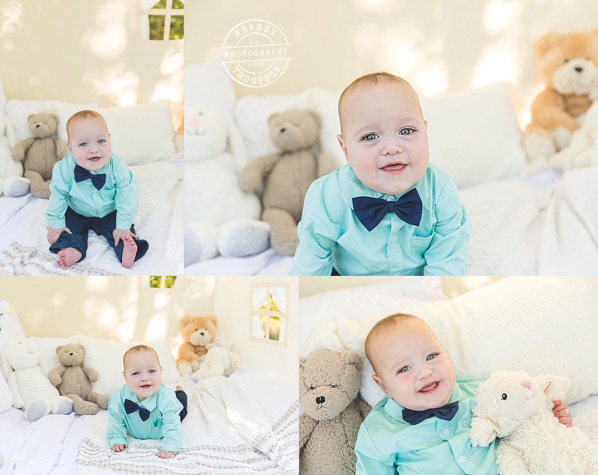 collage of photos of baby boy with light skin and a turquoise shirt and navy pants and bow tie
