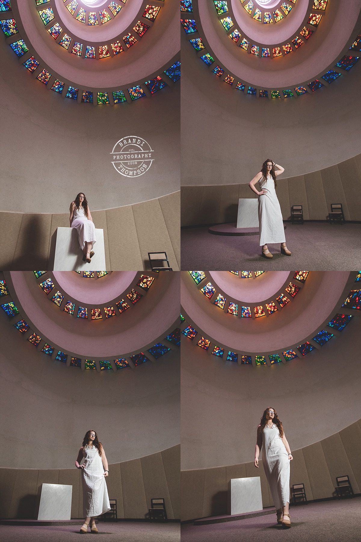 photo collage of light skinned young woman with long auburn hair and a white dress. She is in a concrete room with a swirl stained glass ceiling