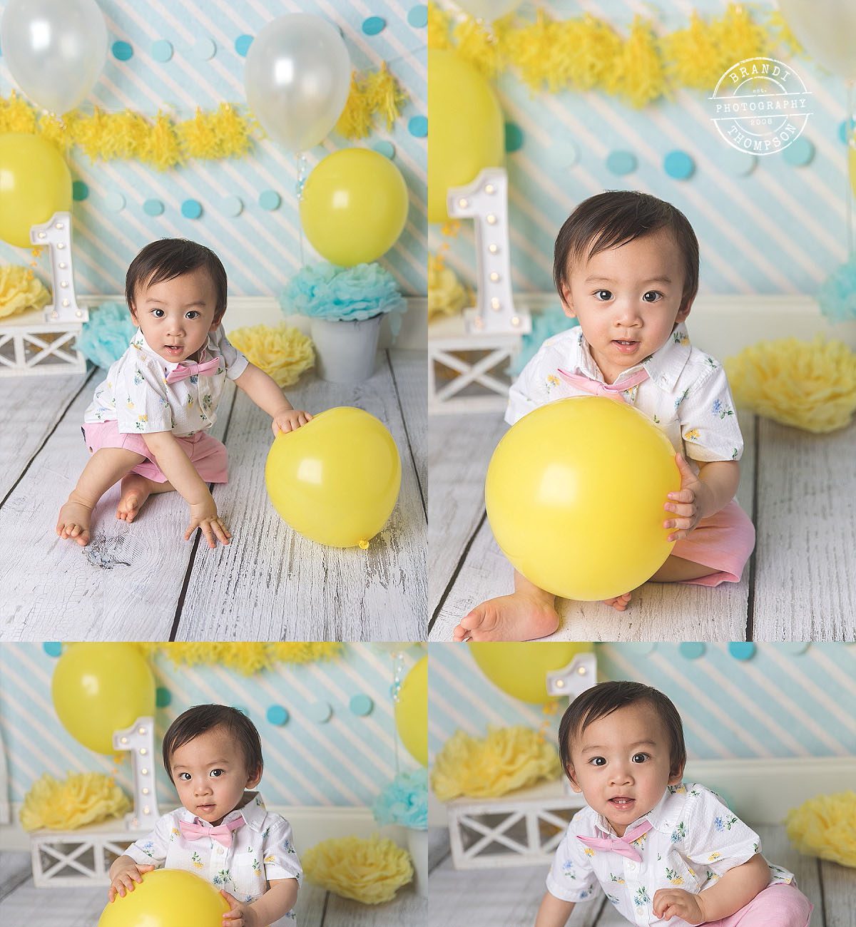 collage of studio cake smash photos with Asian baby boy in tones of yellow and blue