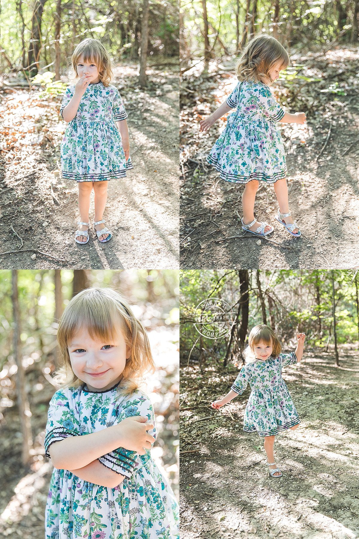photo collage of light skinned preschool girl with light hair, bangs and a blue floral dress, twirling in the woods