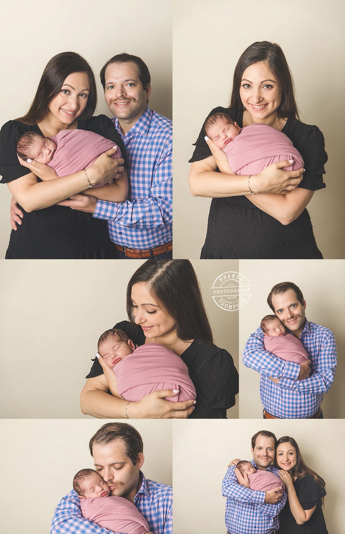 collage of studio photos of mom, dad and newborn baby