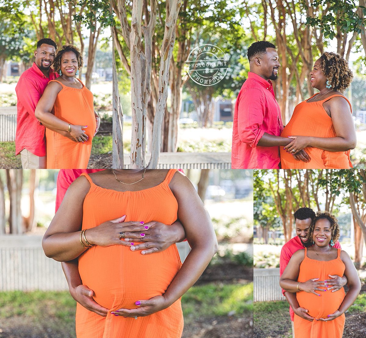 photo collage of outdoor maternity photos of a Black family in vivid colors