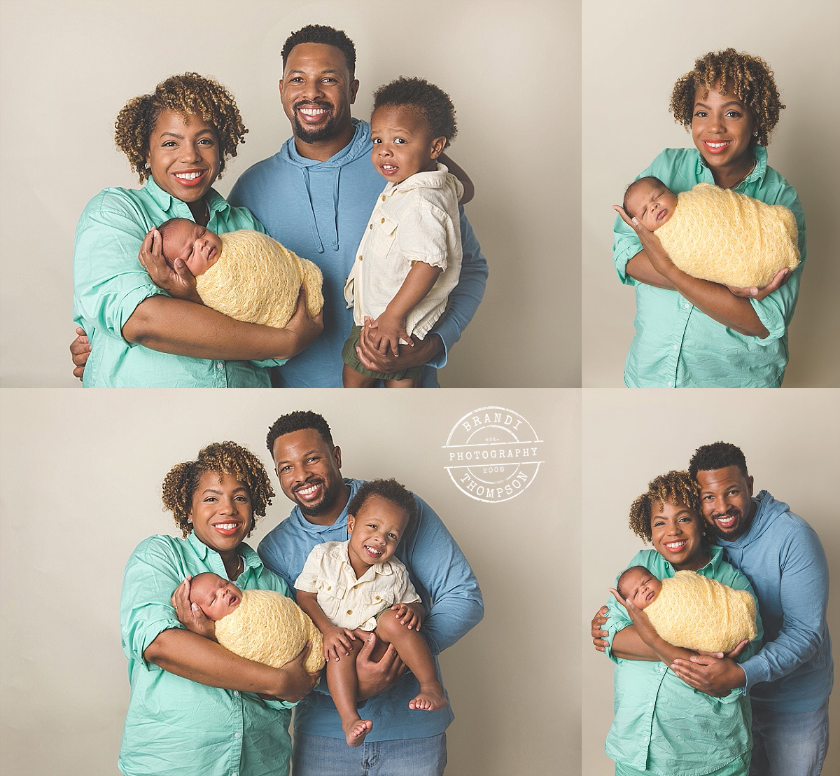 collage of a Black family in studio with mom, dad, newborn and toddler boy, wearing vivid colors of green, blue and yellow