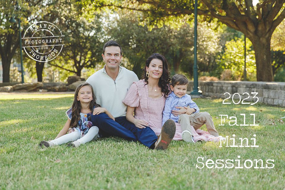 A family of four sitting on the grass with trees behind them, with light skin and brown hair, young school age daughter, dad, mom and preschool age son. Text reads 2023 Fall Mini Sessions. 