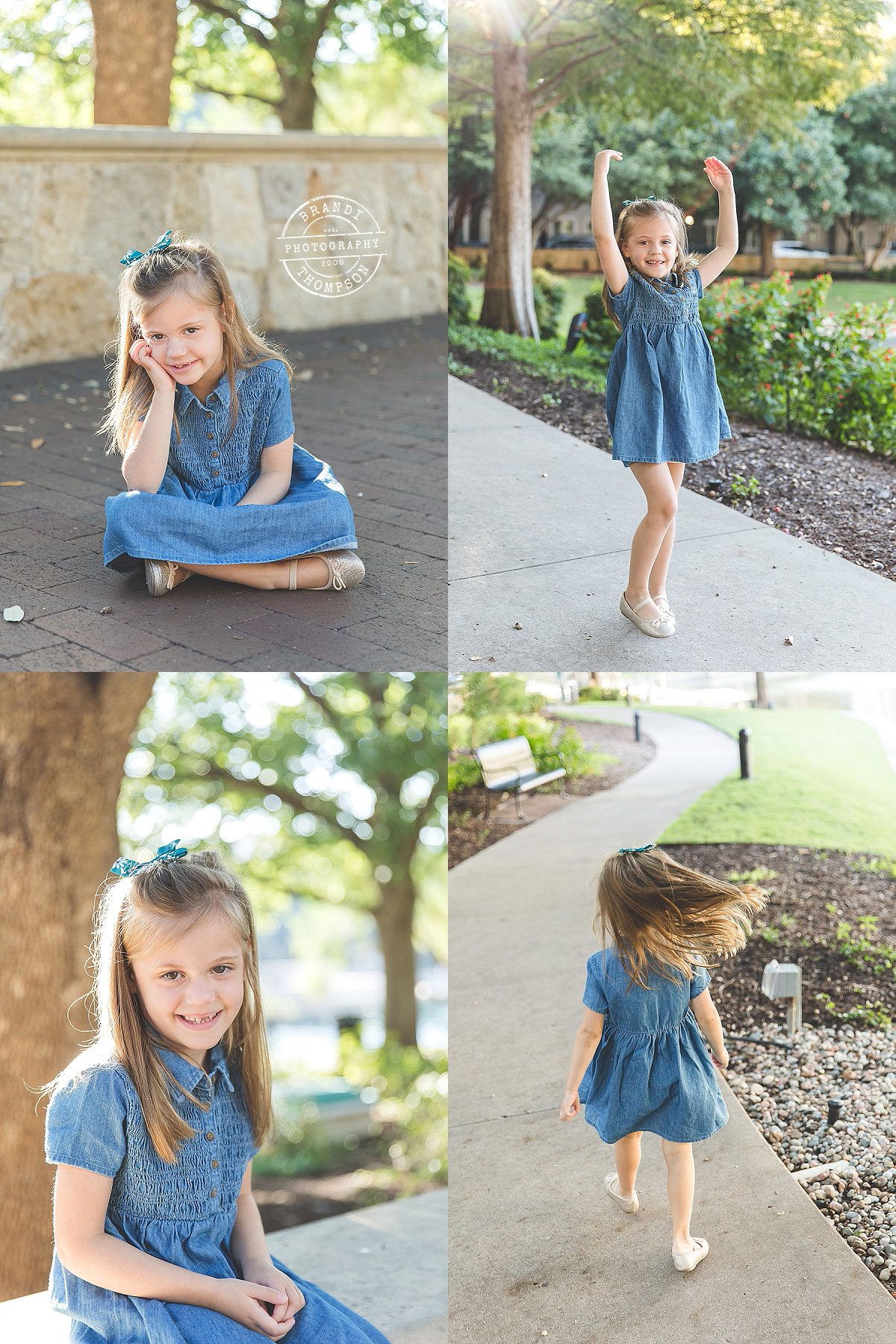 collage of outdoor photos of a five year old girl with long hair and light skin, in a mix of poses