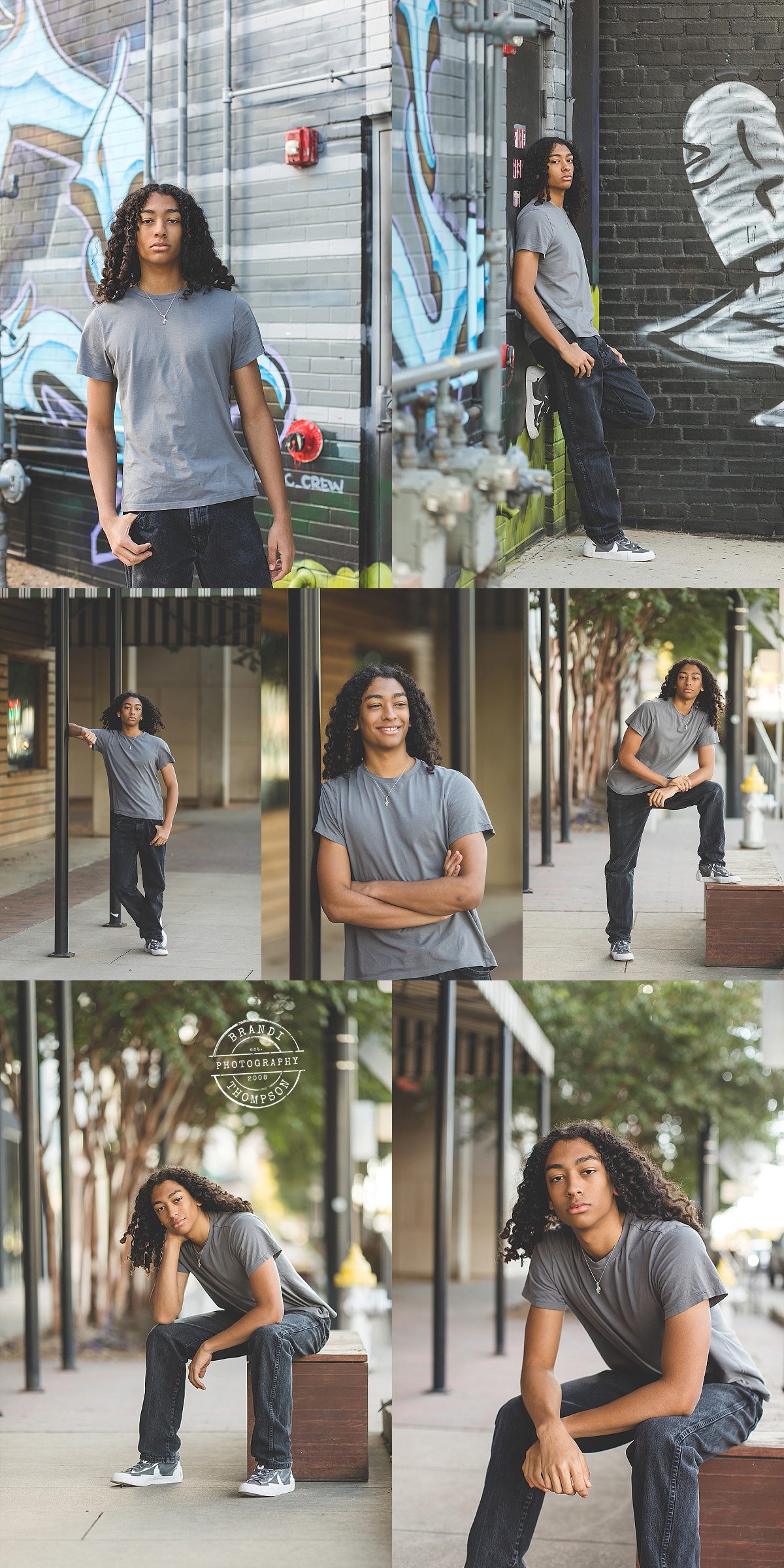 collage of senior session photos in downtown Dallas with high school senior boy in gray shirt with long curly hair 