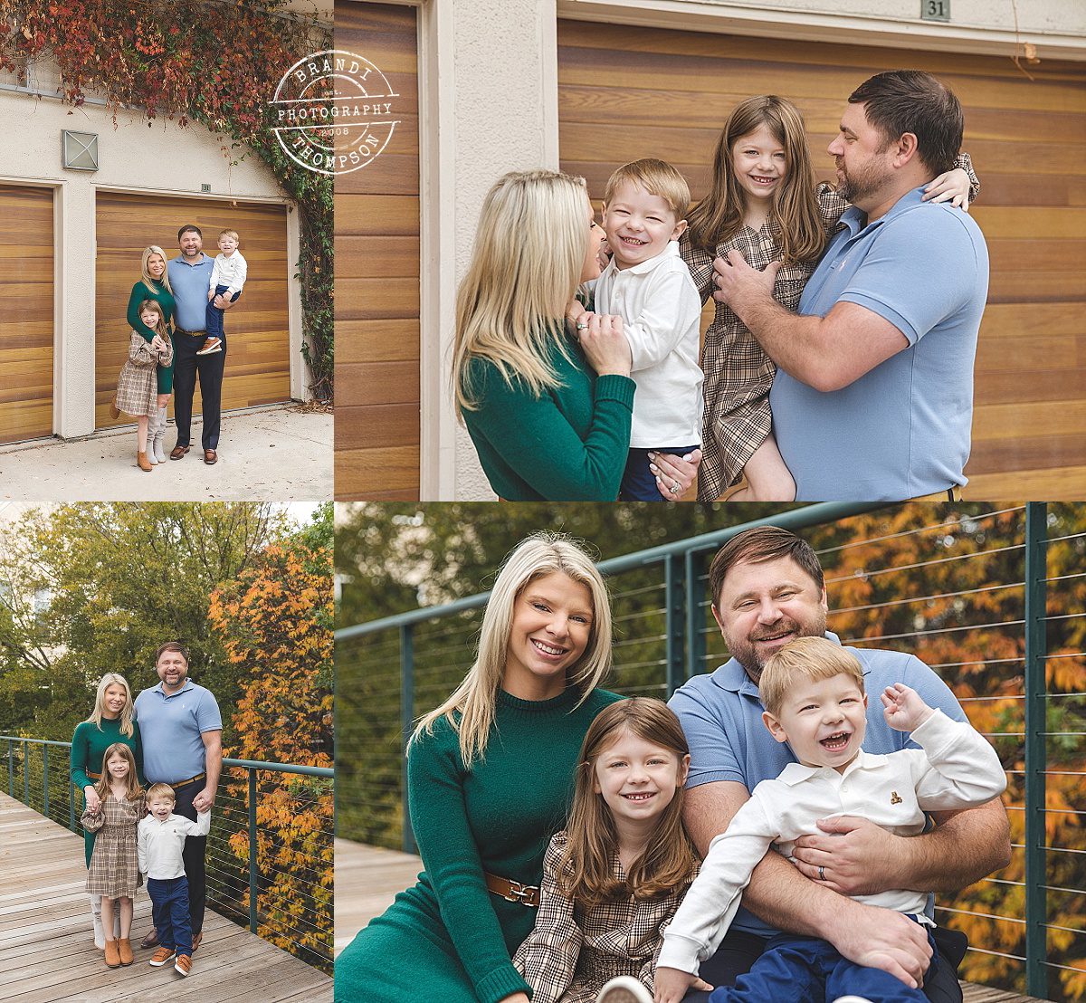 collage of outdoor fall family photos, with family of four with two young children. Plano Photographer 
