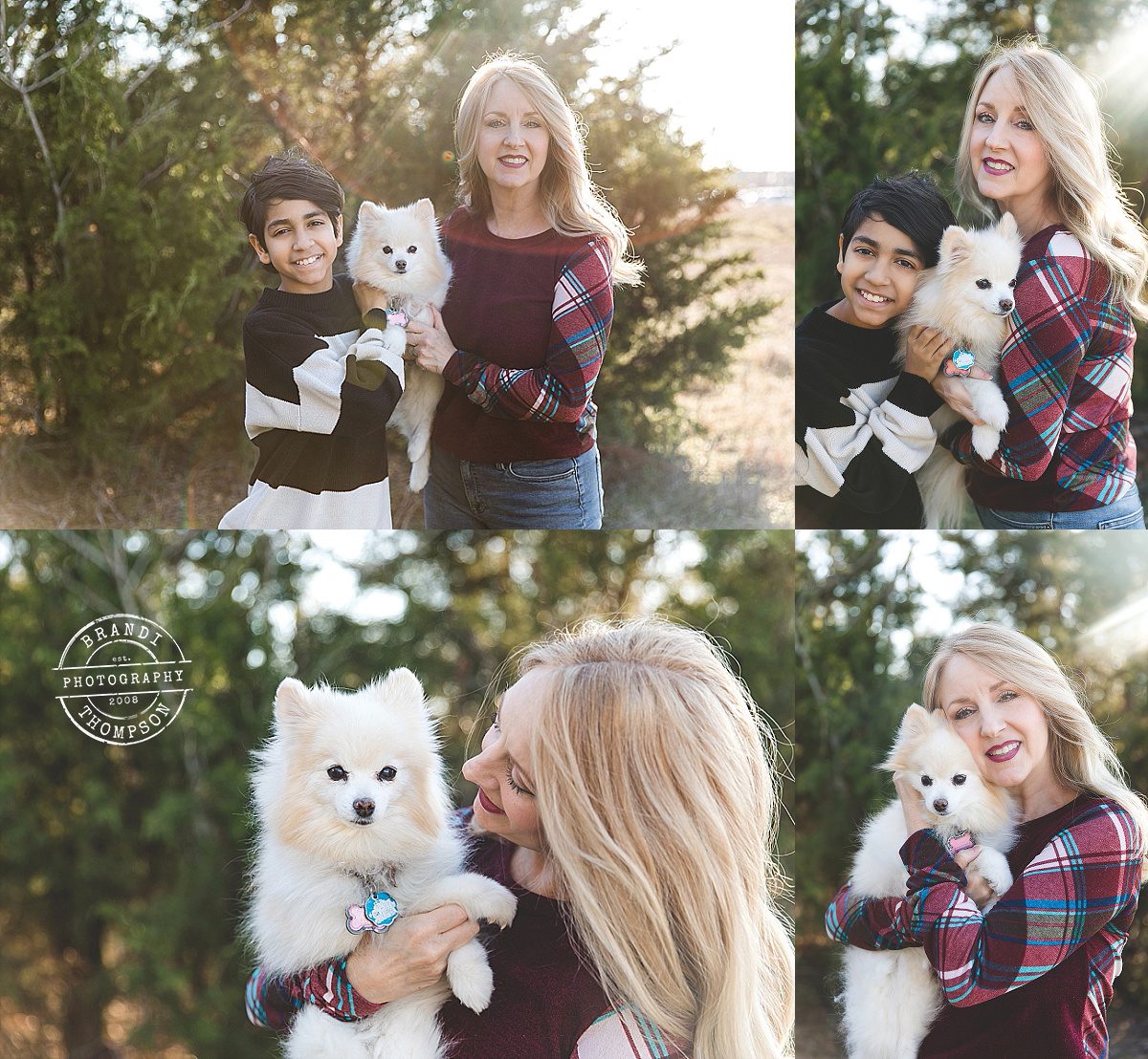 collage of outdoor photos of family with senior Pomeranian plano pet photographer 