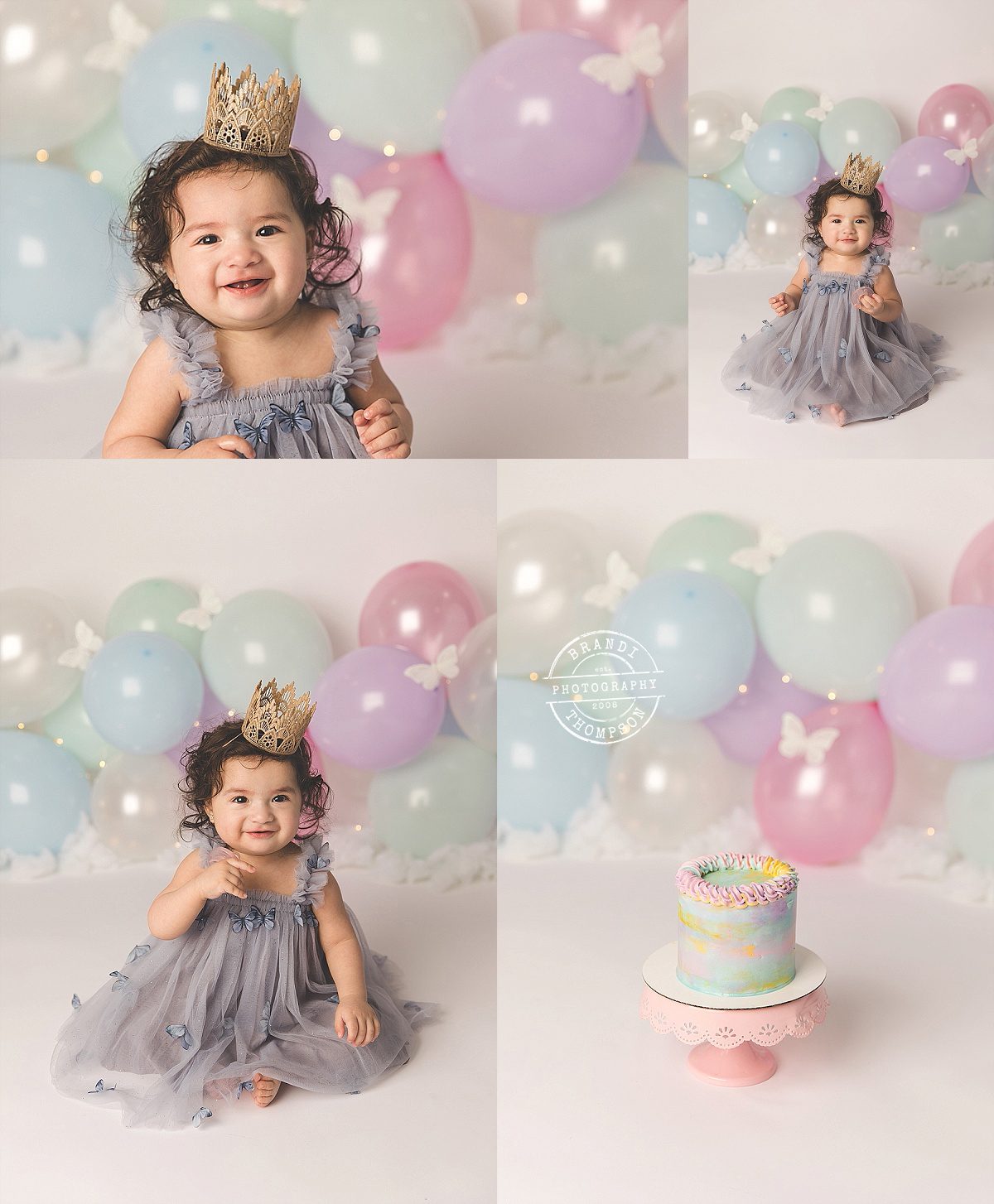 collage of photos of one year old girl in blue tulle butterfly dress with pastel balloons and white butterflies behind her - plano cake smash first birthday