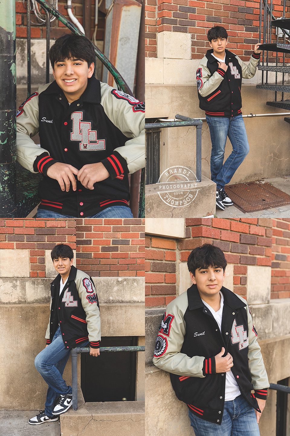 collage of senior session of South Asian teen in letterman's jack near a brick wall in mckinney texas