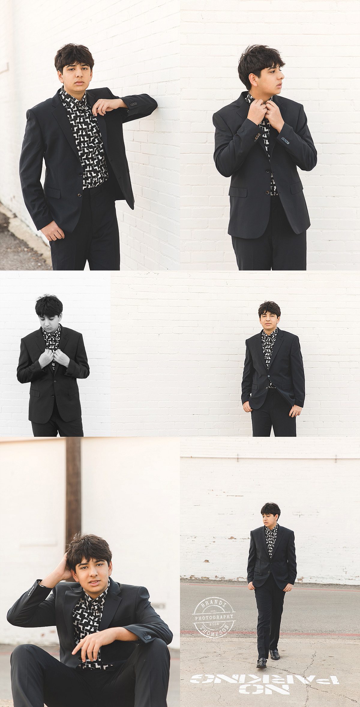 collage of six photos of senior boy in black suit and black and white shirt, against a white brick wall in mckinney texas