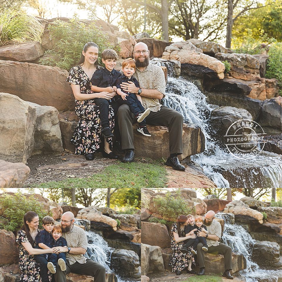 collage of outdoor family photos of a mom, dad and two young boys at a frisco park